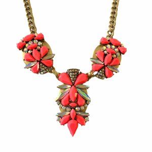 J Crew Coral Gold Rhinestone Statement Necklace